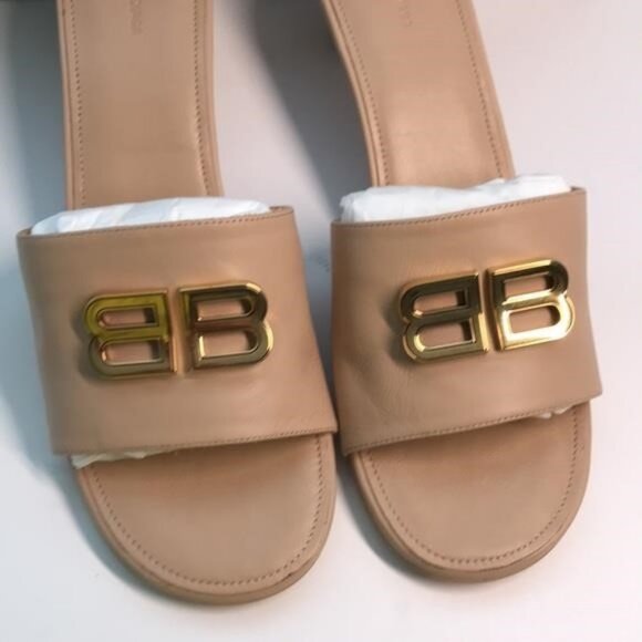 New Authentic Balenciaga BB Logo Leather Mules – Nude/Beige - Picture 4 of 11